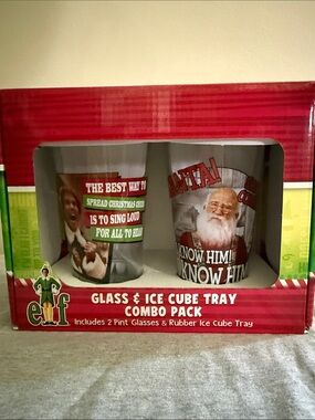 ELF Festive Holiday Pint Glasses & Green Ice Cube Tray Set